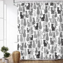 Duschvorhang mit Katzenmotiv und 12 Haken, schwarz-weißes Kätzchen-Design