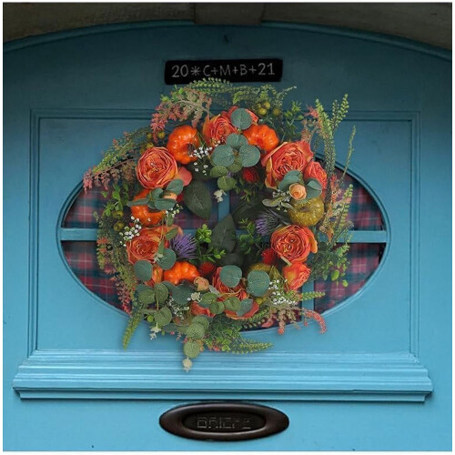 Artificial Fall Wreath – Rustic Pumpkin Rose Berry Design 2