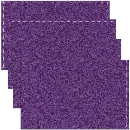 Conjunto de 4 jogos americanos vintage com estampa paisley roxa, medindo 18x12 polegadas.
