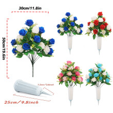 2-Pack Artificial Cemetery Flowers with Vase, Red & White Rose Bouquets for Headstones – Compatible with Memorial Day Decor