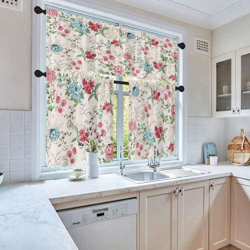 Floral Kitchen Curtains Set 36" with Valance 1
