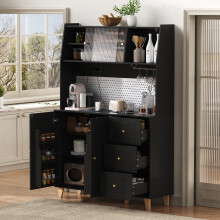 Mobile bar da cucina alto con prese elettriche, pannello forato, portabicchieri e cassetti, nero.