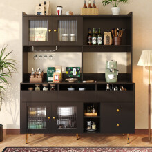Armário alto para sala de jantar com portas de vidro, adega e prateleiras, preto/dourado