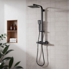 Baridi Thermostatic Shower Mixer Set, 20x20cm Square Head, Height Adjustable Rail, Black - DH317
