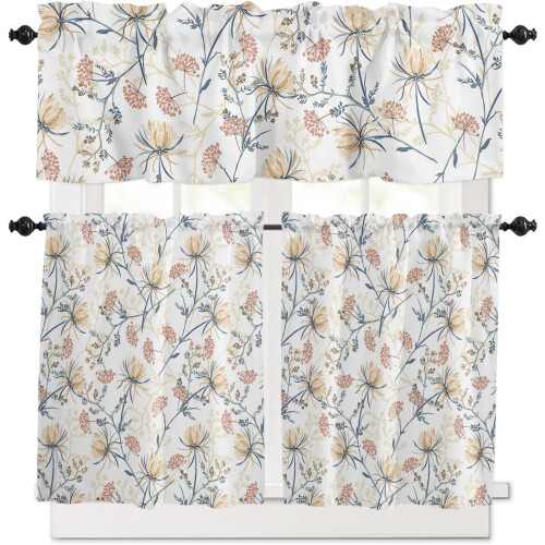 3-Piece Floral Kitchen Curtain Set with Valance 2