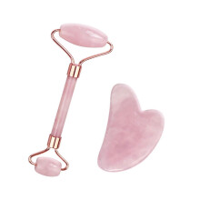 (Pink) Natural Jade Massage Roller + Guasha Board Spa Scraper Stone Facial Massager Set Q