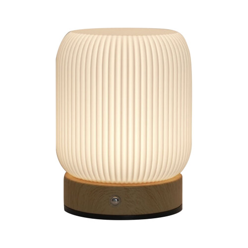 Lampada da tavolo touch con effetto legno e batteria integrata.