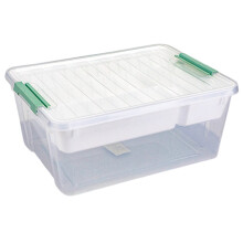 Doorzichtige plastic opbergdoos met lade met 4 vakken en handvat.