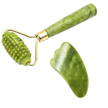(G set) 2Pcs Face Massager Roller Natural Jade Stone Guasha Board Scraper Set Facial Lift Skin Relaxation Slimming Beauty Neck Thin Tool