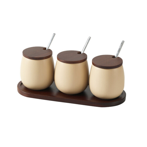 Ceramic Condiment Jar 3 Piece Set with Tray-oatmeal white BB3