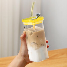 Vaso de vidrio borosilicato con tapa y pajita, 350 ml.