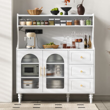 Tall Cabinet with Power Outlets Drawers Bar Cabinet Wine Glass Holder White Sideboard Adjustable Shelves Kitchen Dining Room