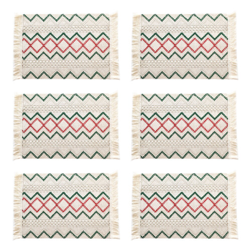 Decorative 2 Tone Placemat With Long Fringe Border-6 Pattern 8