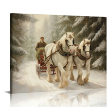 Quadro decorativo em tela com trenó puxado por cavalos – Cena de inverno
