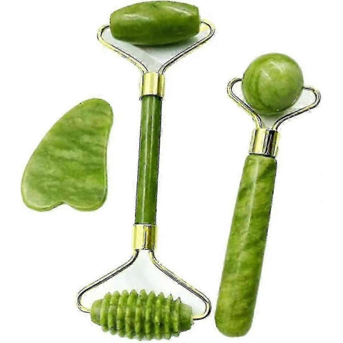 Liseng And Gua Sha Tools Set-anti-aging Roller Massager-100% Real Natural Jade