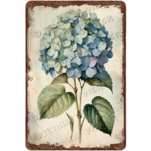 Panneau mural vintage en aluminium représentant une hortensia bleue (30 x 20 cm)