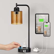 Priemyselná stolová lampa s jantárovým skleneným tienidlom a USB-C