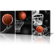 Tableau mural sur toile en trois parties, représentant un basket-ball en noir et blanc