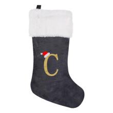Weihnachtsstrumpf aus grauem Samt mit weißem Plüsch und Buchstaben