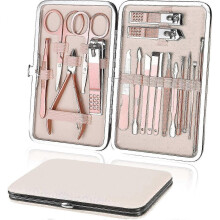 Professional Nail Clipper Set - 18pcs Manicure Pedicure Kit with Travel Box (Pink)