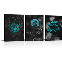 Tableau sur toile Rose turquoise avec cadre noir, lot de 3 pièces, 30 x 40 cm
