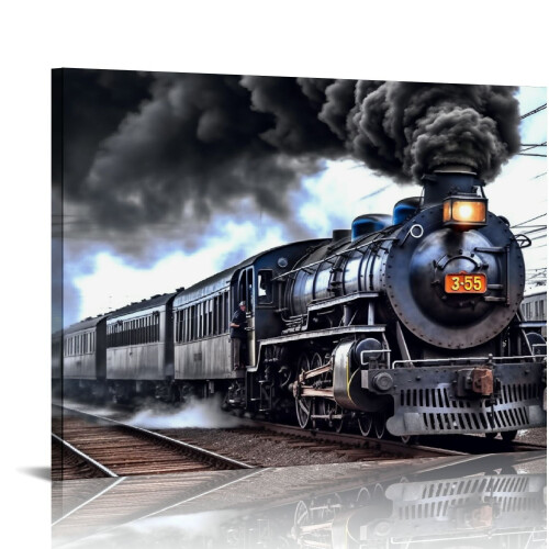 Quadro decorativo de parede em tela com trem a vapor, 40,6 cm (16 polegadas)