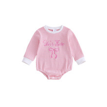 (Newborn, Pink) Baby Girls Fall Romper Adorable Letter Bow Embroidery Crew Neck Long Sleeve Striped Jumpsuit