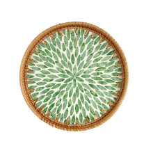 Rundes Serviertablett aus Rattan mit Perlmuttintarsien