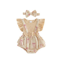 (0-3 Months, Khaki) Baby Girl Summer Bubble Romper Floral Bow Print Fake Two Pieces Flutter Sleeve Crew Neck Bodysuit Headband Outfit
