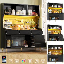 Mobile contenitore alto moderno e intelligente con LED, controllo tramite app, cassetto e pannello forato, colore nero.
