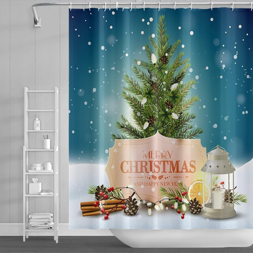 Cortina de chuveiro natalina com pinheiro azul e céu estrelado, 183 x 213 cm (72 x 84 polegadas).