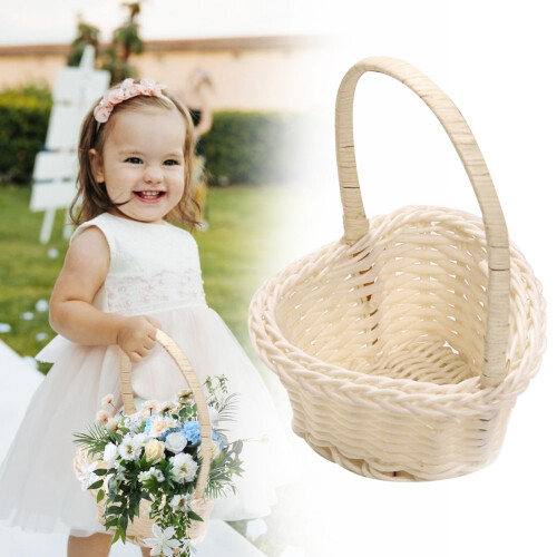 Rattan Wedding Flower Basket with Handle, White, 10x6cm