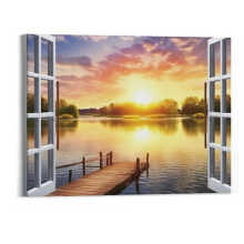 Tableau sur toile : Paysage de chalet au bord d'un lac, 51 x 41 cm
