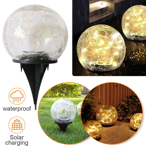 Solarleuchte in Glaskugelform mit Crackle-Effekt – Warmweiß, 20 LEDs