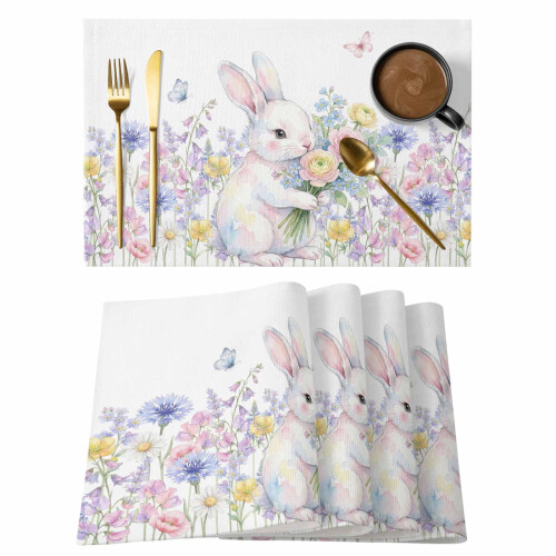 Platzsets mit Hasen- und Blumenmuster, 33 x 48 cm, 4er-Pack