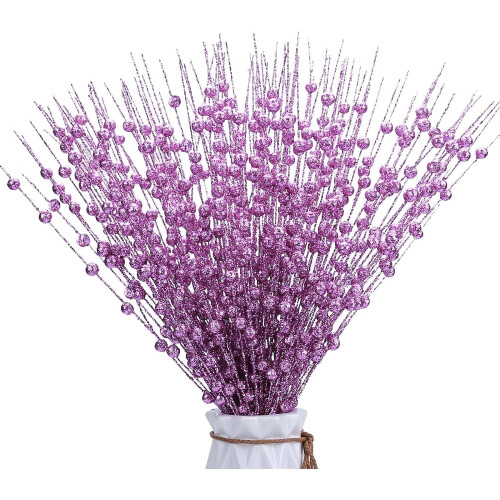 Pacote com 10 hastes de frutinhas roxas com glitter, 43 cm