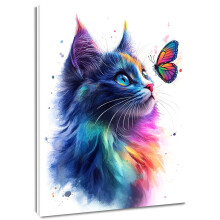 Tableau aquarelle chat papillon sur toile 20 x 25 cm encadré