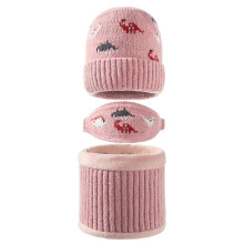 (Pink) 3Pcs Baby Warm Winter Hat Scarf Face Mask Set Knitted Dinosaur Jacquard Beanie Yellow