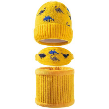 (Yellow) 3Pcs Baby Warm Winter Hat Scarf Face Mask Set Knitted Dinosaur Jacquard Beanie Yellow