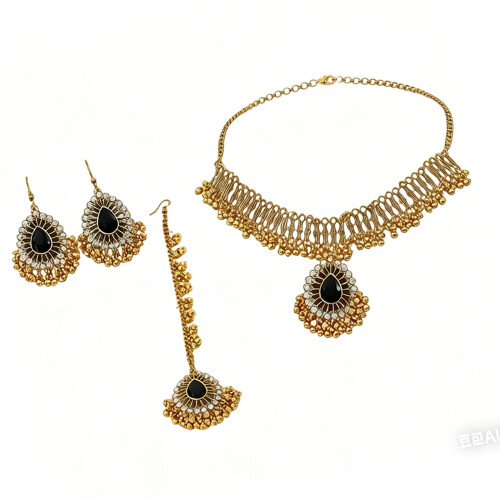 Ensemble collier, boucles d'oreilles et décoration de tête-Noir