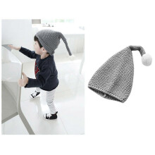 Christmas Knit Beanie Santa Hat for Kids with Warm Grey Fluffy Pompom
