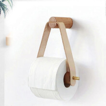 Wood & Leather Wall Toilet Paper Holder, Rustic Tissue Rolls Paper Holder Wall Mounted, Graceful And Natural Bathroom Accessories With Self-adhesive S