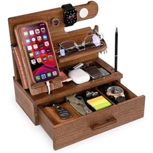 Handy-Dockingstation aus Massivholz mit Schublade