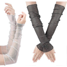 2 pairs women's long ultra-thin lace gloves sun uv protection, cooling mesh tulle sunscreen sleeves