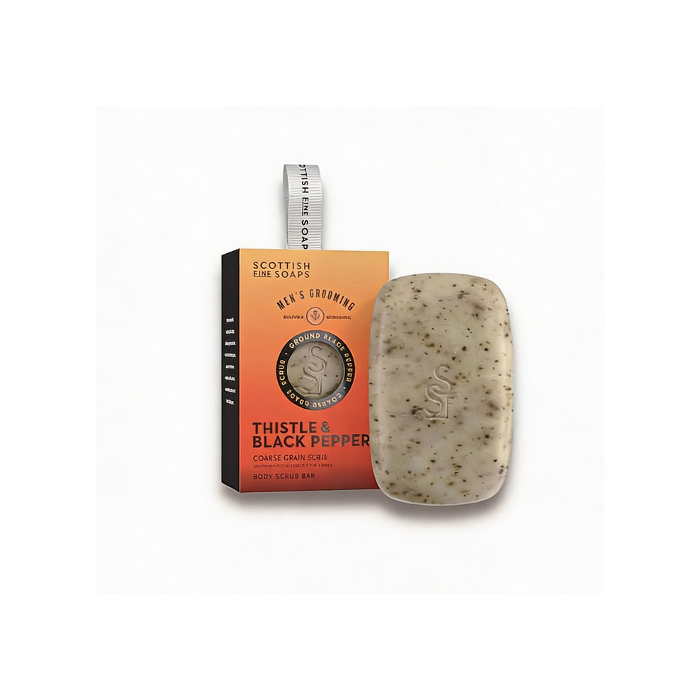 Scottish Fine Soaps Scottish Thistle And Pepper Gents Body Scrub Bar 150G Black