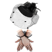 Conjunto de 2 peças: chapéu de coquetel feminino com luvas de malha.
