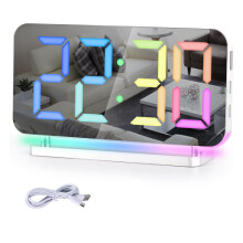 RGB Digital Alarm Clock 7.4" LED Mirror Display, USB Charging, Auto Dimming, 11 Colours Bedside Desk Clock