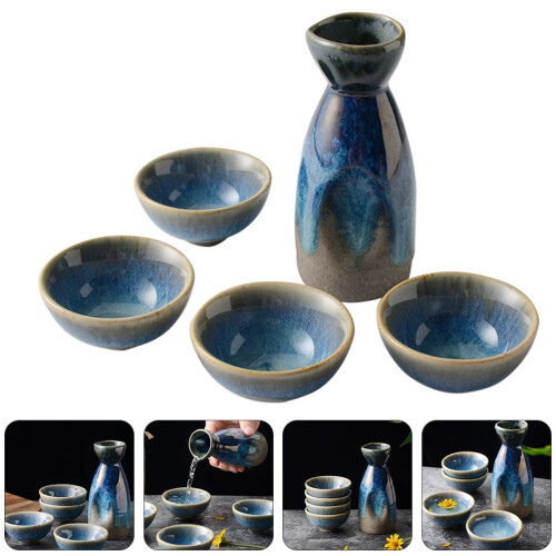 Keramik-Sake-Set mit Flasche und 4 Bechern