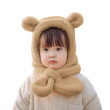 (Khaki) Cute Bear Ear Earflap Hat Scarf Soft Baby Bonnet Caps Scarf Winter Hat Neckerchief for Boy Girl Infant Newborn Warm Hat White