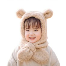 (Beige) Cute Bear Ear Earflap Hat Scarf Soft Baby Bonnet Caps Scarf Winter Hat Neckerchief for Boy Girl Infant Newborn Warm Hat White